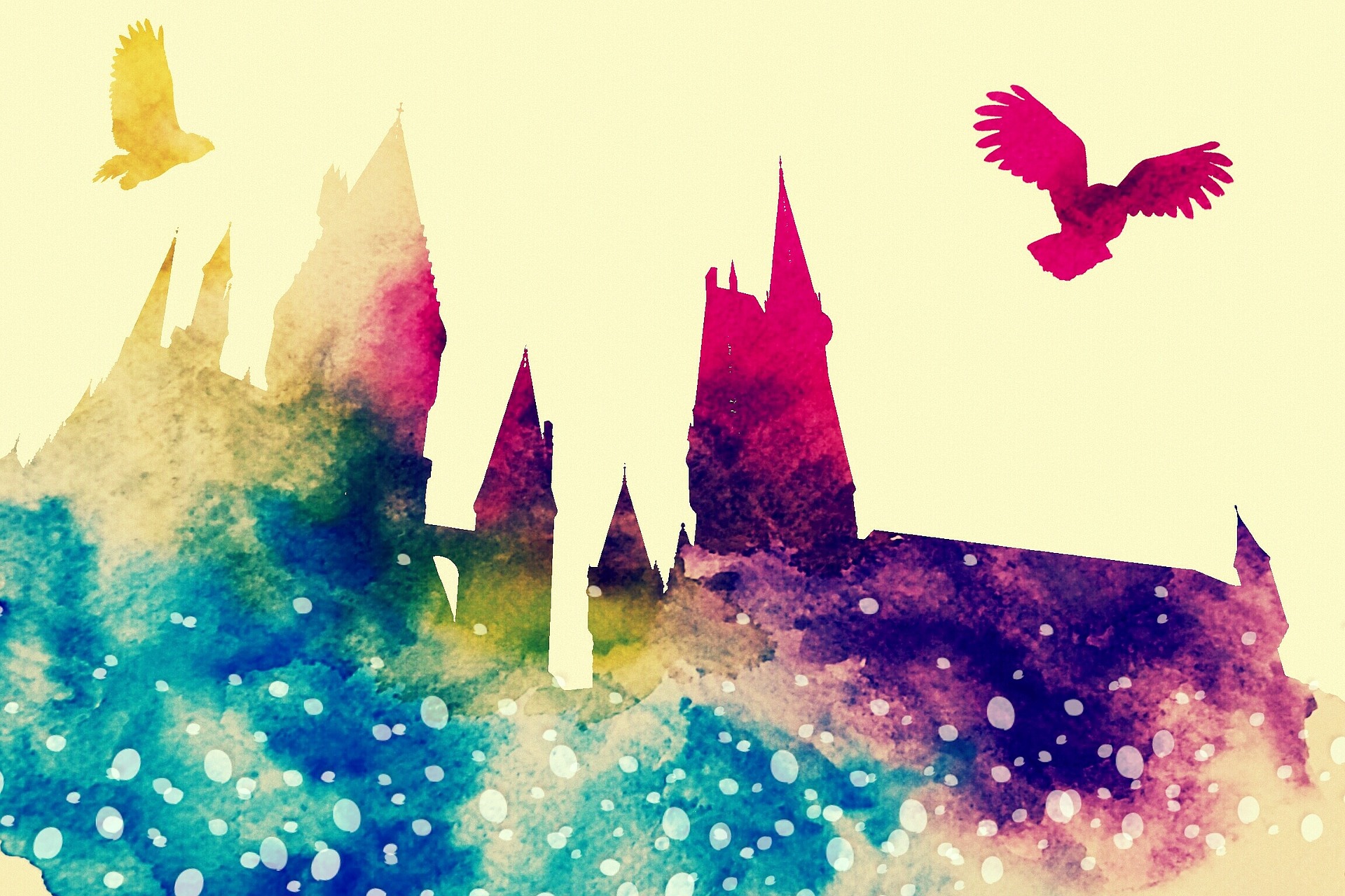 silhouette von Hogwarts mit Eulen als sehr buntes Bild